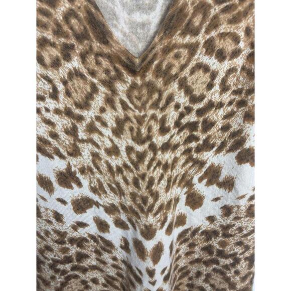 Neiman Marcus Leopard Cashmere Scoop Neck L Brown Ivory 1475 - Picture 2 of 6
